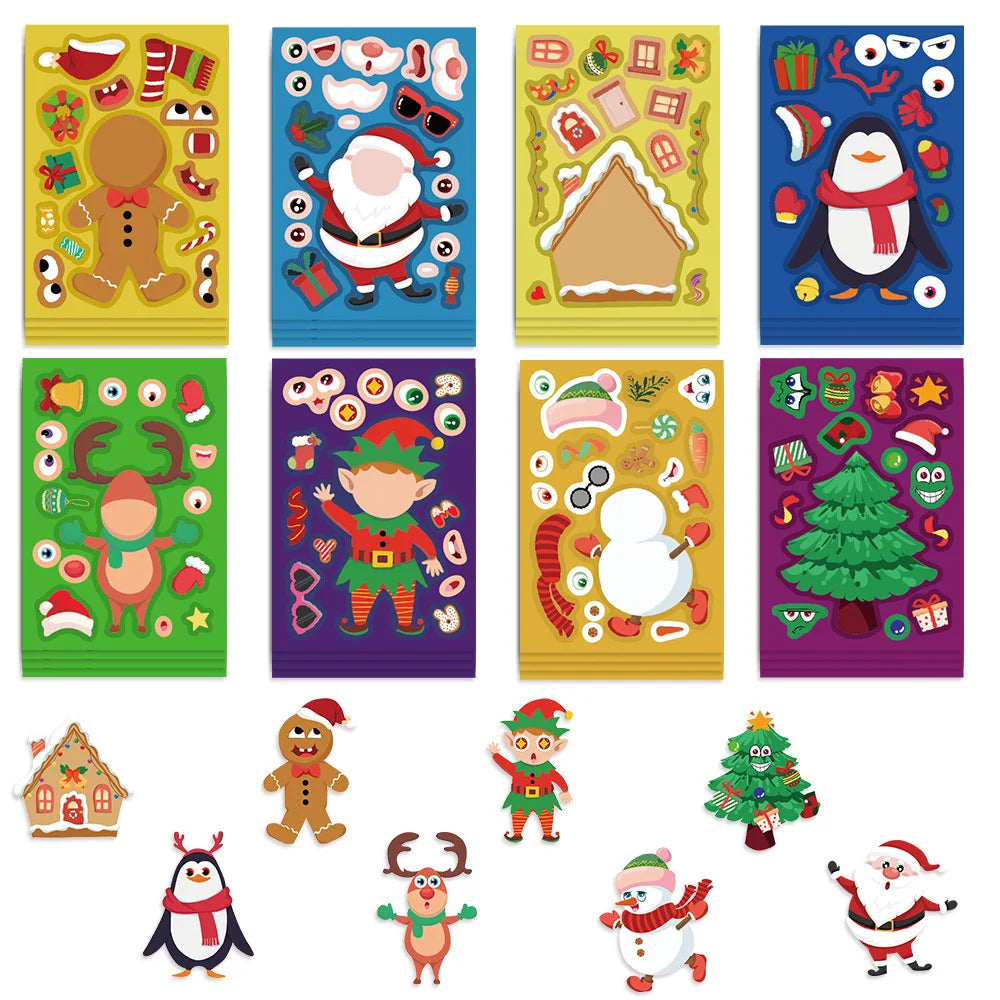 8Pcs Puzzle Cartoon Christmas Snowman Party Make a Face Stickers Handicrafts Waterproof Stickers