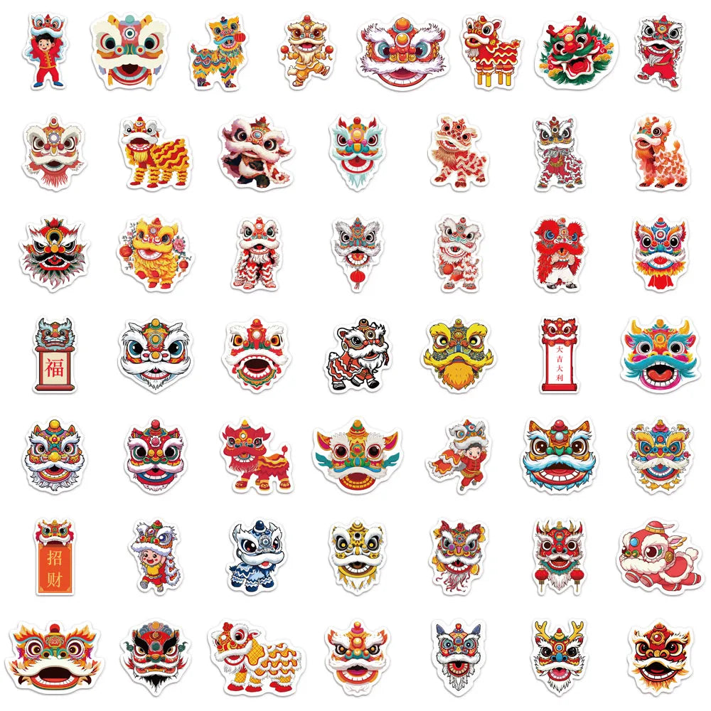 50PCS Creative New Year Lion Dance Graffiti Stickers DIY Luggage Laptop Tablet Speaker Decoration Wall Stickers Gift Stickers