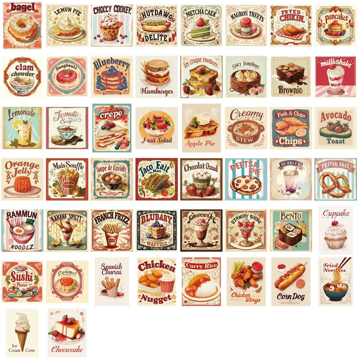 50/100PCS Waterproof Cartoon Retro Delicious Food Graffiti Stickers DIY for Decoration Guitar Notebook Luggage
