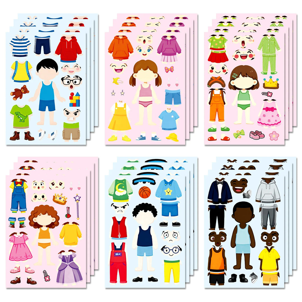 6/12/18Pcs Cartoon Character DIY Dress-Up Puzzle Stickers, Fun Decals for Stationery Laptop Fridge Suitcase Decor