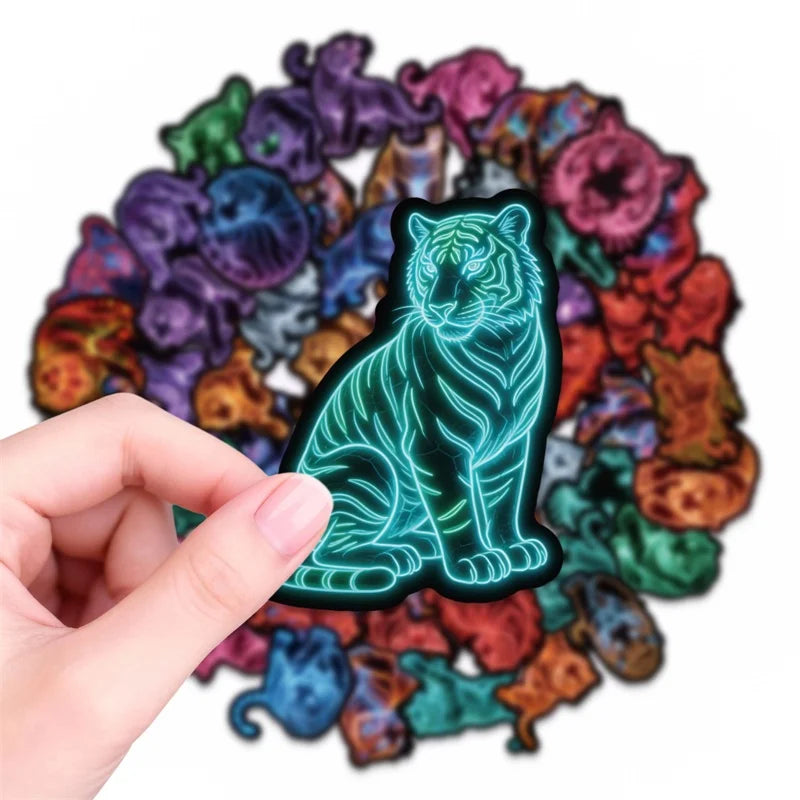 10/30/56PCS Neon Line Tiger PVC Sticky Sticker Stationery DIY Children's Laptop Luggage Skateboard Decoration Scrapbooking