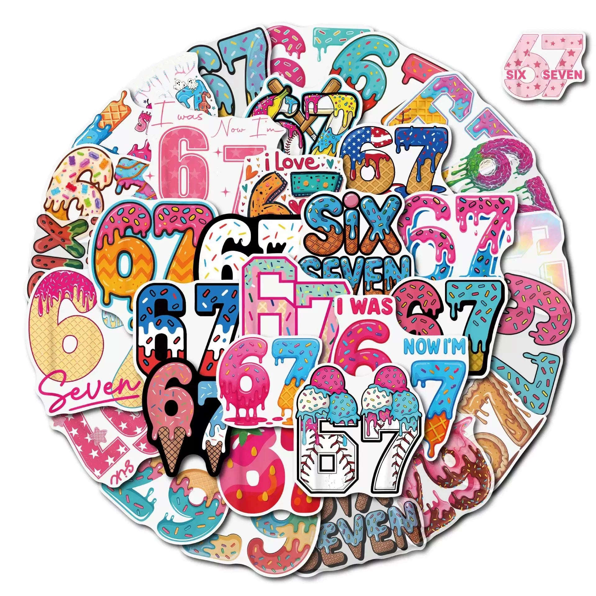 50/100PCS Cartoon 6-7 Digital Graffiti Stickers Water Cup Phone Waterproof Decoration Creative Digital Stickers