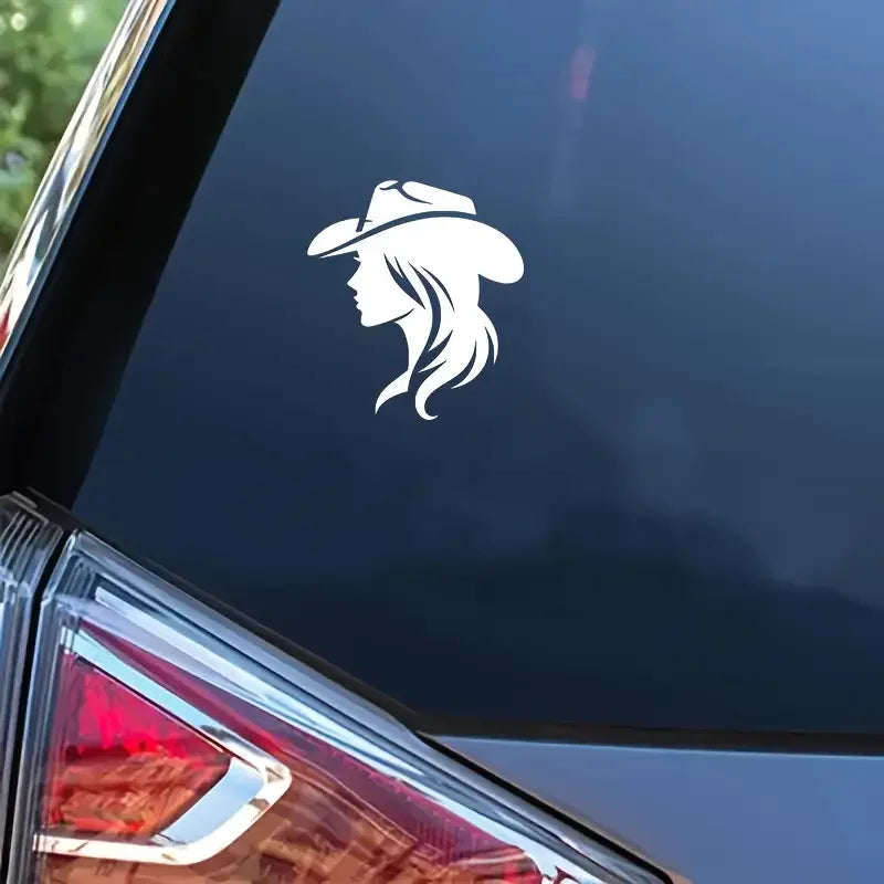 2D Flat, Western Cowgirl Vinyl Decal - Durable Self-Adhesive 2D Car Sticker with Black Silhouette, Flowing Hair & Cowboy Hat Des