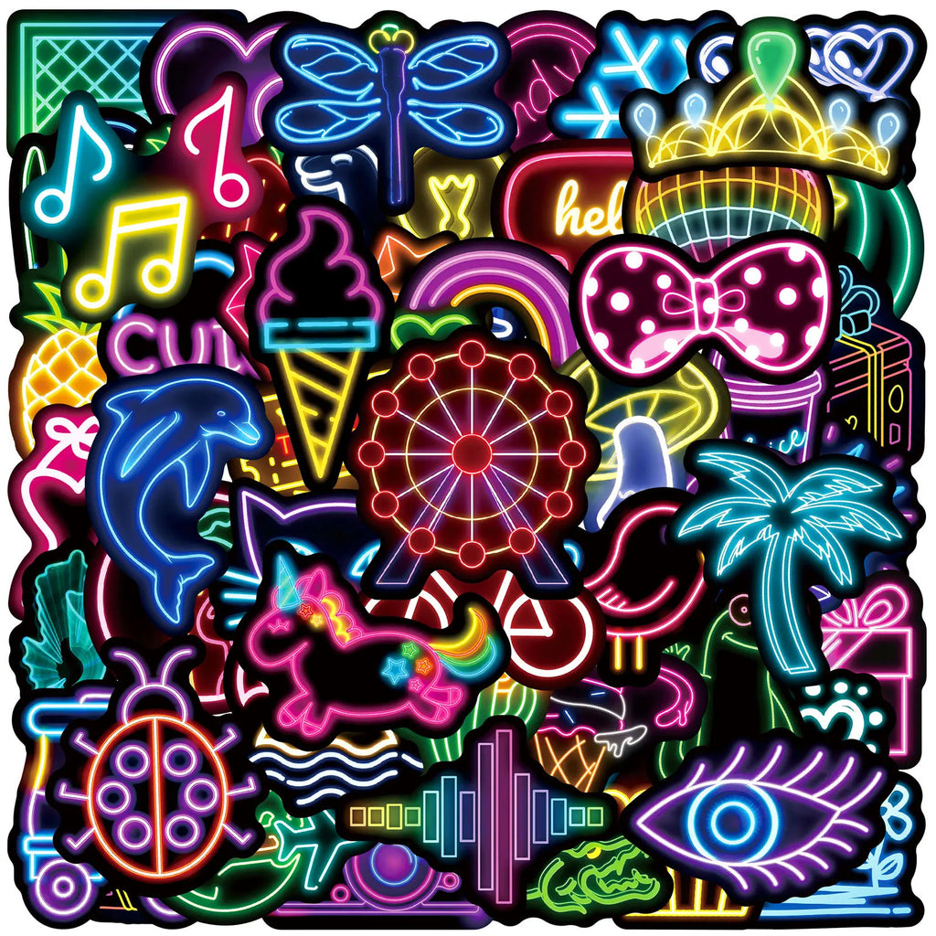 50-Pack Cute Neon Cartoon Graffiti Stickers Waterproof Decorative Decals for Laptop Skateboards Mobiles Suitcases Helmets