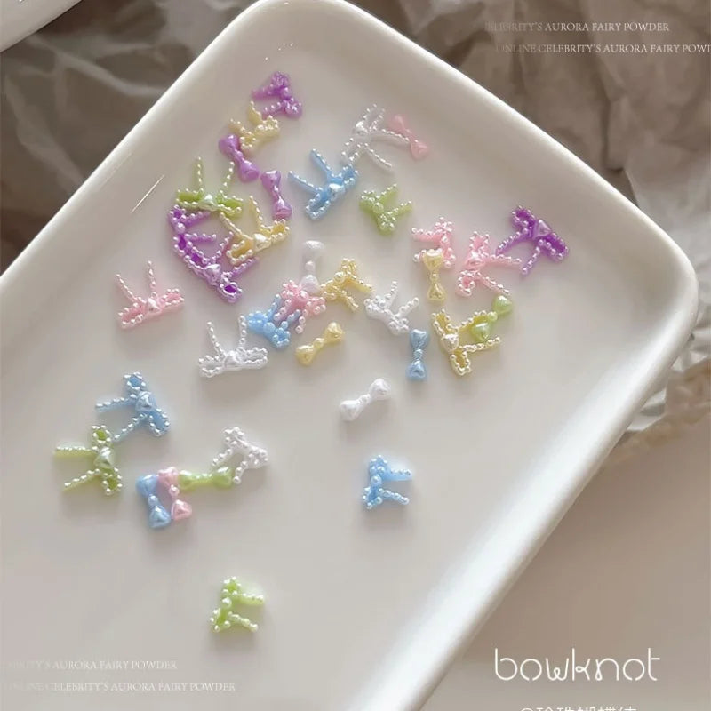 Pearlescent Bow Pearl Nail Art Accessories Mixed Colors Ribbon Bow ties Nail Charms Flatback Resin Nail Rhinestones Decorations