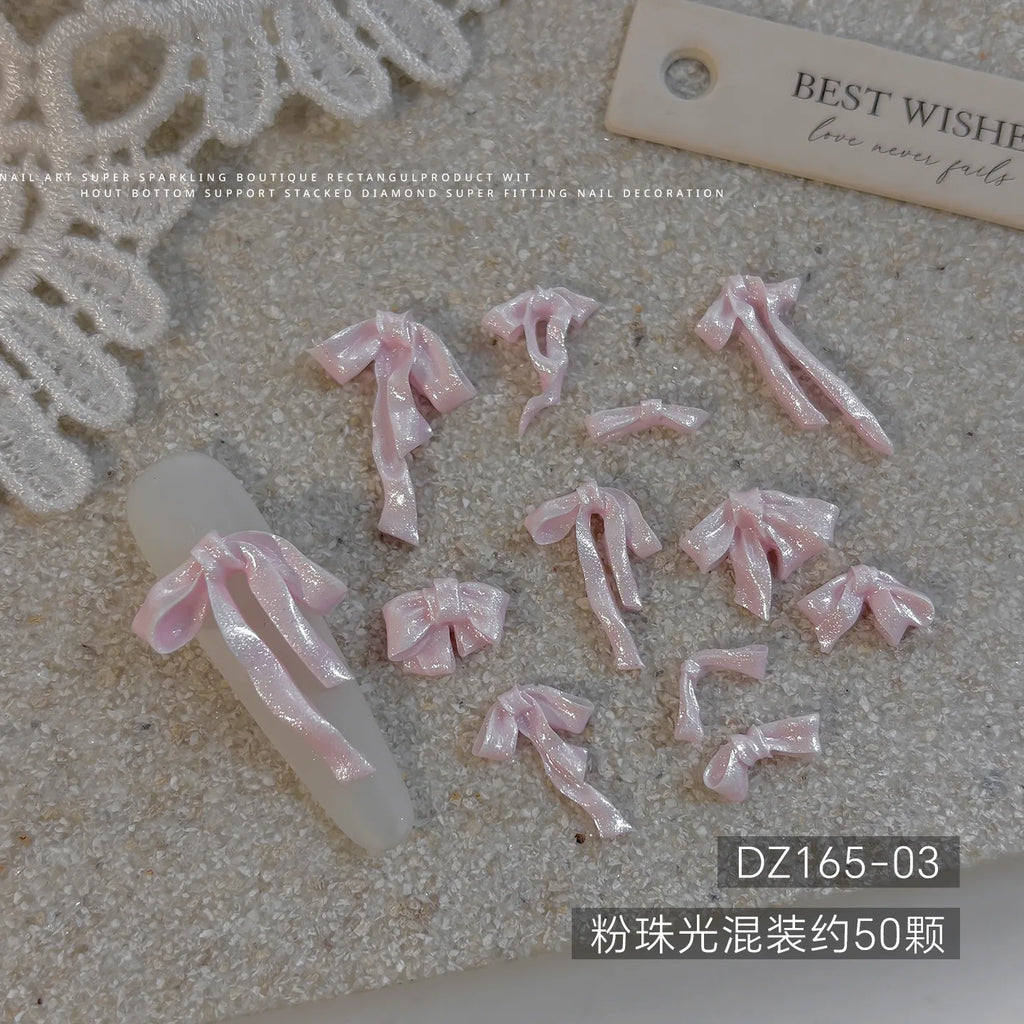 20pc Cute Pearlescent Soft Carving Ribbon Bow Nail Charms 2-21mm Mix Kawaii Bowknot Nail Rhinestones 3D Resin Manicure Accessory