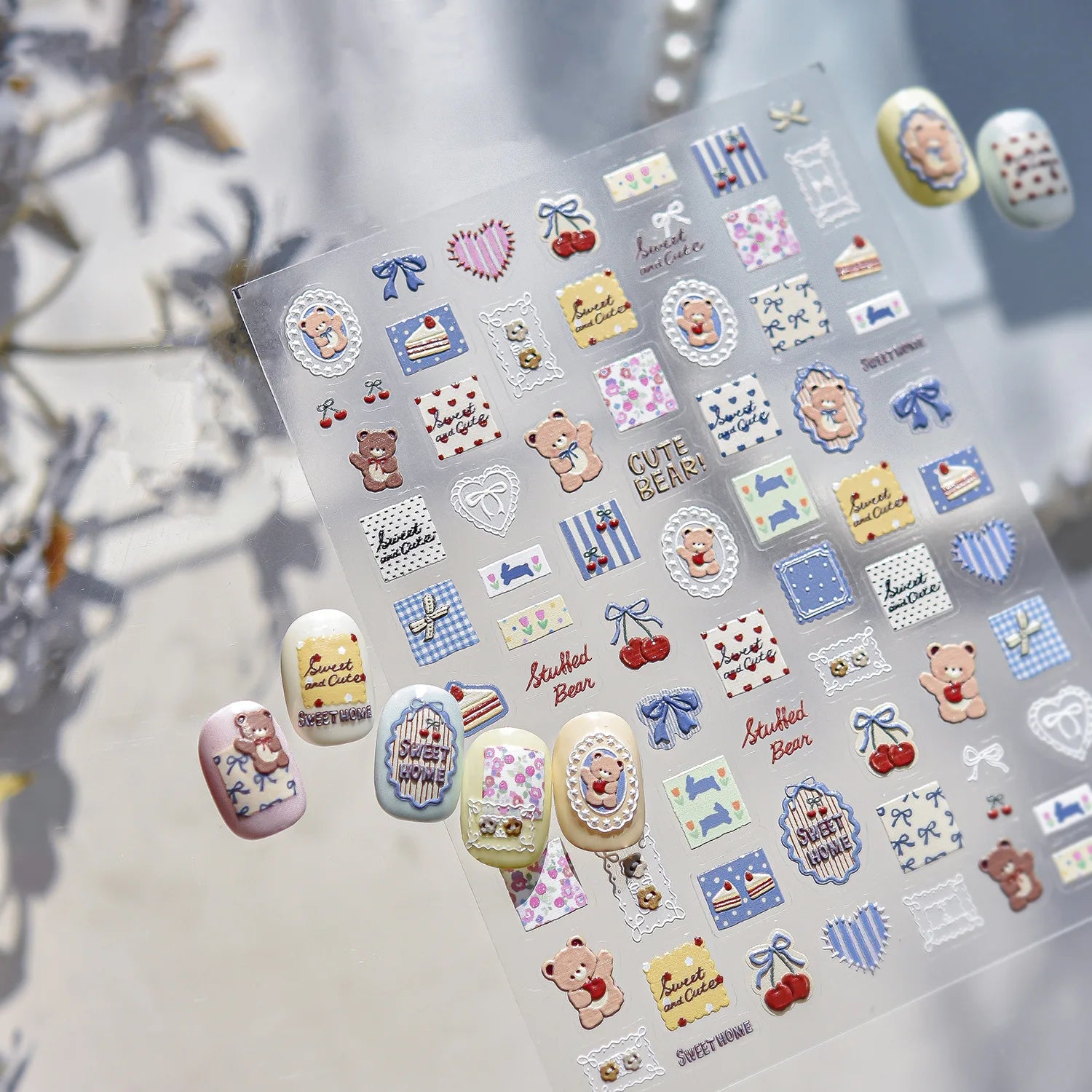Cute Teddy Bear Sweet Home Nail Stickers 5D Softs Embossed Reliefs Nail Sticker Cherry Apple Cowboy Bow Nails Decorations Decals