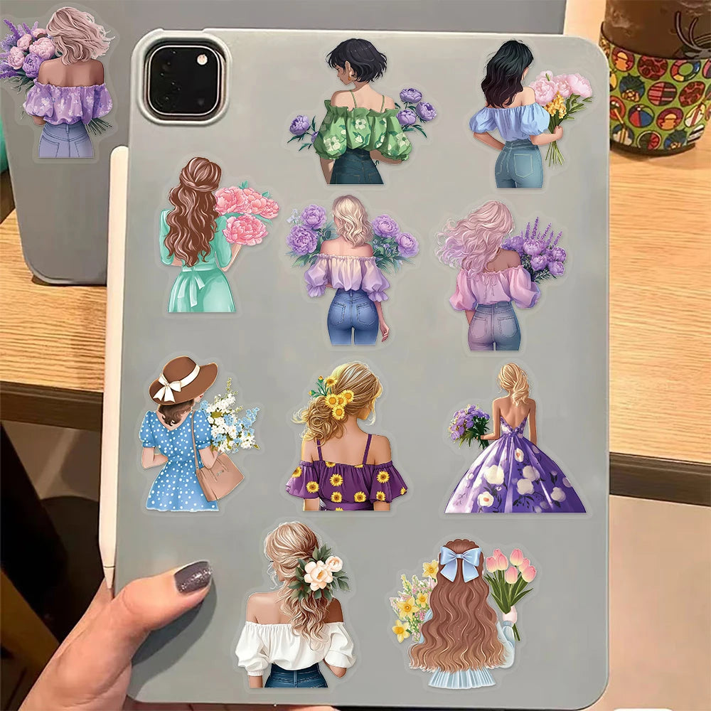 50PCS Flower Girl Cartoon Cute Decorative Transparent PET Sticker Set DIY Brochure Decorative Notebook Tablet Toy Stickers