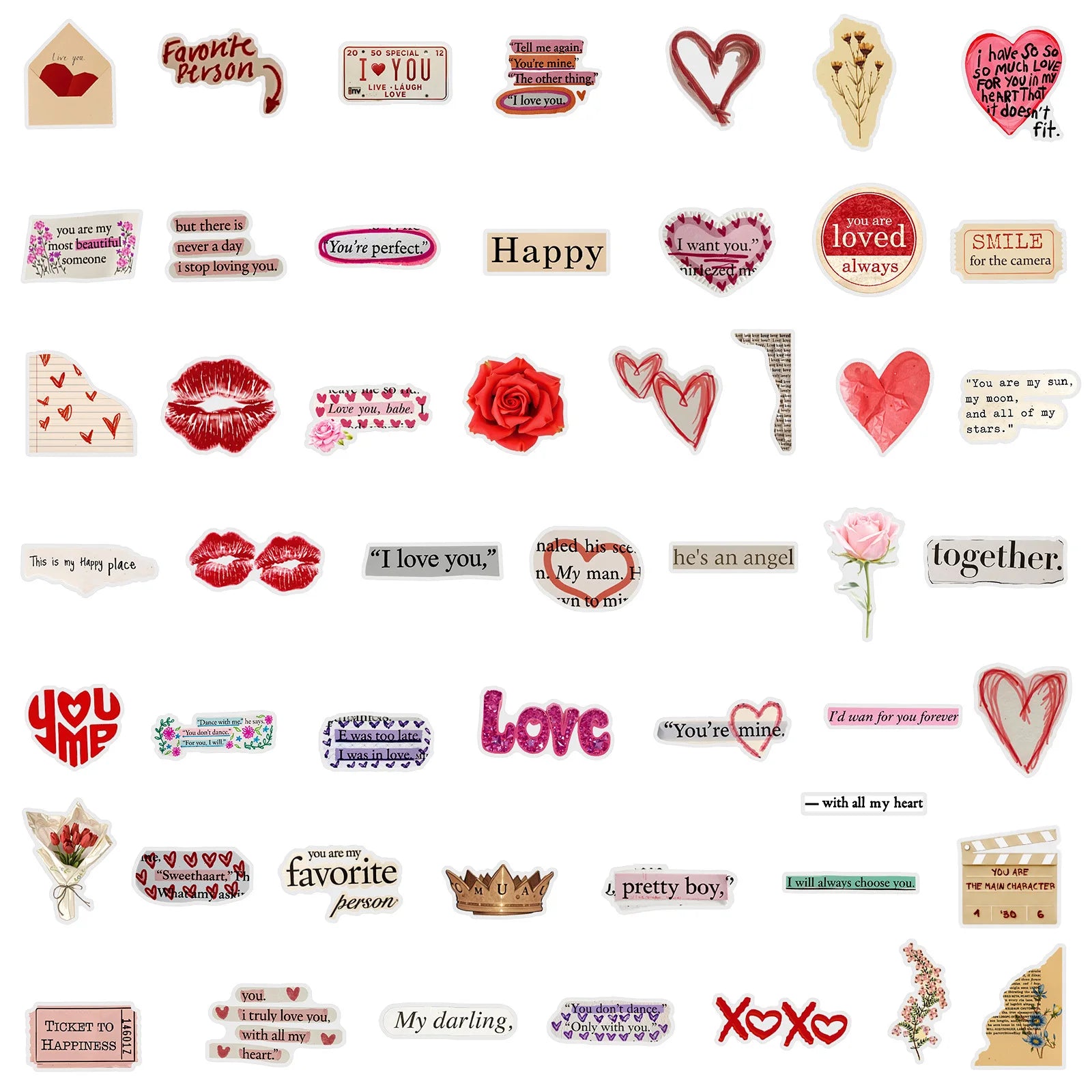 50/100 Pcs Retro Fresh Valentine Theme PET Clear Stickers DIY for Phone Laptop File Holder Desk Window Atmosphere Decor Decals