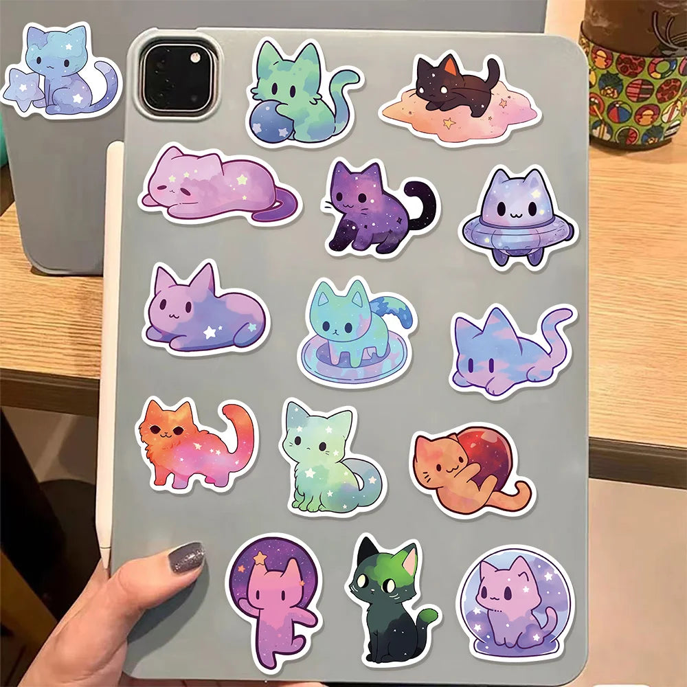 50PCS Cartoon Rainbow Starry Sky Cat Stickers Cute and Beautiful Cat DIY Stickers Manual Tags Flat Toys Decorative Stickers