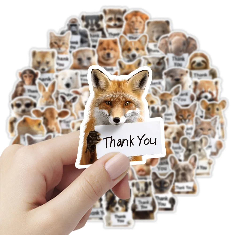 50-Pack Realistic Animal Holding THANK YOU Stickers for Notebook Water Cup Stationery Box Luggage Decoration