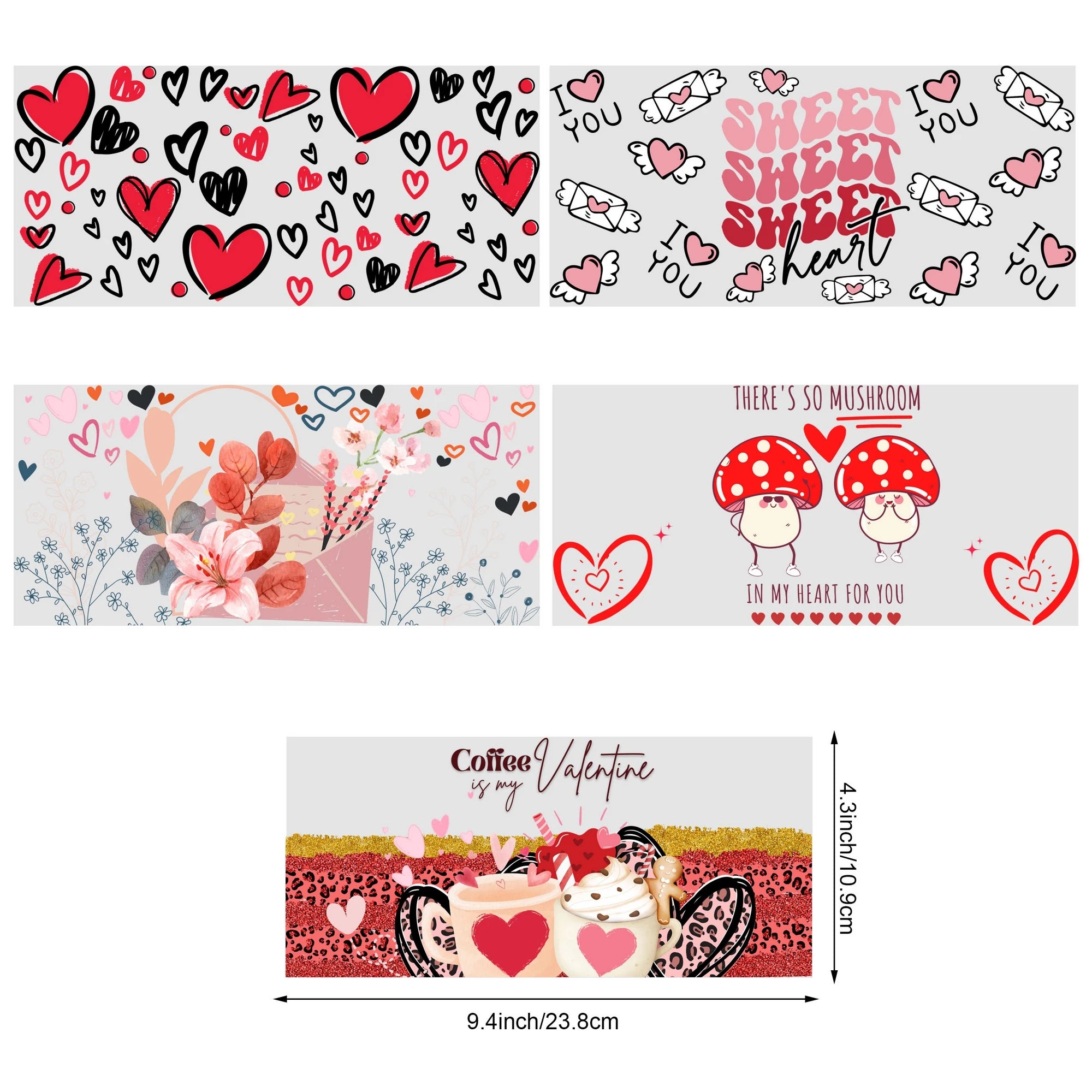 5 sheets Valentine's Day UV DTF cup stickers, DTF friction transfer stickers, waterproof transfer stickers