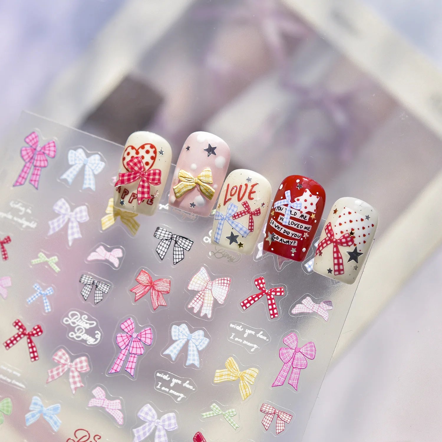 Colorful Bowkont Nail Stickers 3D Thin and Tough Nail Art Stickers Back Glue Bowtie Ribbon Manicure Sticker Decals DIY Accessory