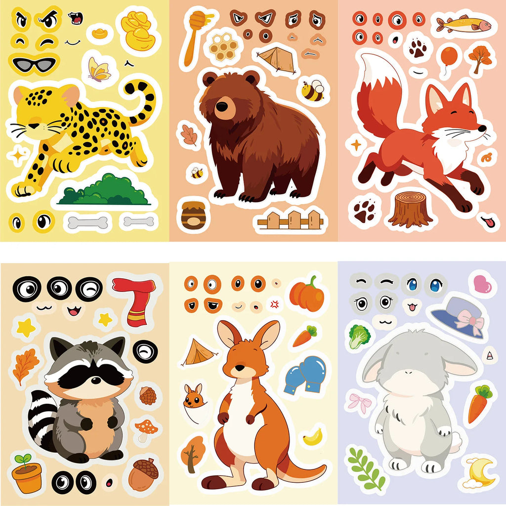 8/16/24PCS Puzzle Stickers Cartoon Animal Make a Face Stickers DIY Handicrafts Waterproof Stationery Notebook Stickers