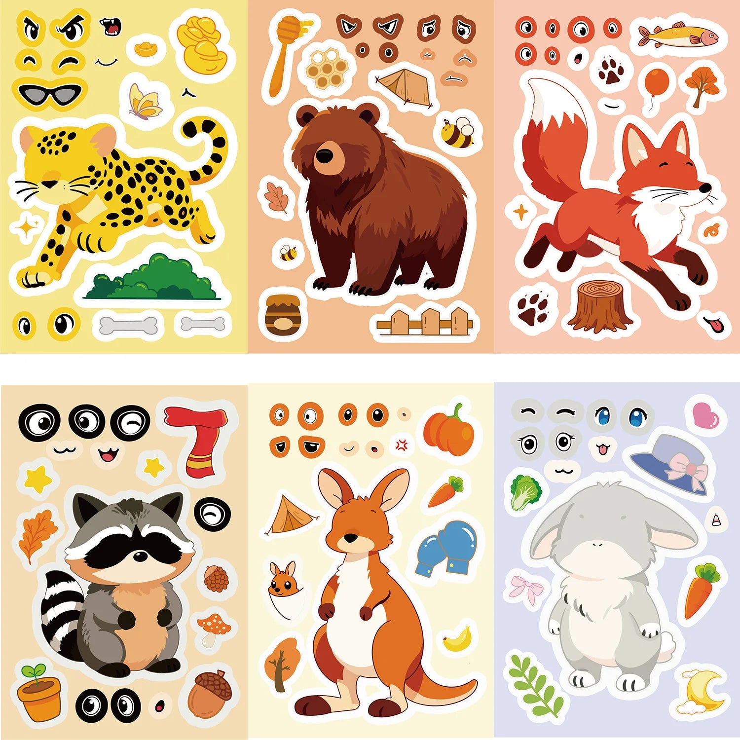 8/16/24PCS Puzzle Stickers Cartoon Animal Make a Face Stickers DIY Handicrafts Waterproof Stationery Notebook Stickers