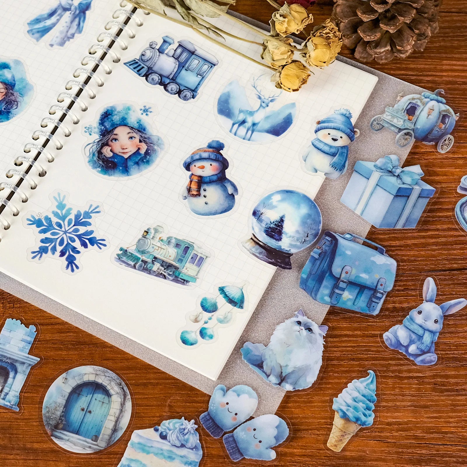 56PCS Blue Winter Miracle Transparent PET Stickers Snowman Gloves Crystal Balls Mixed Coating Stationery Crow Sticker
