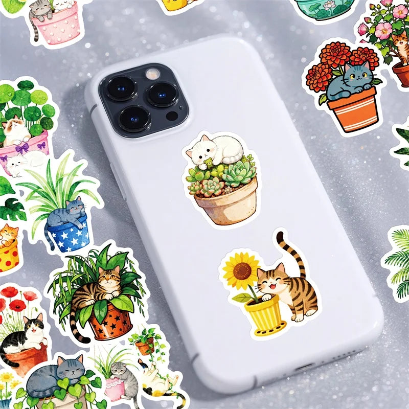 10/30/56PCS Fresh Flower Cat PVC Sticky Sticker Stationery DIY Children's Laptop Luggage Skateboard Decoration Scrapbooking