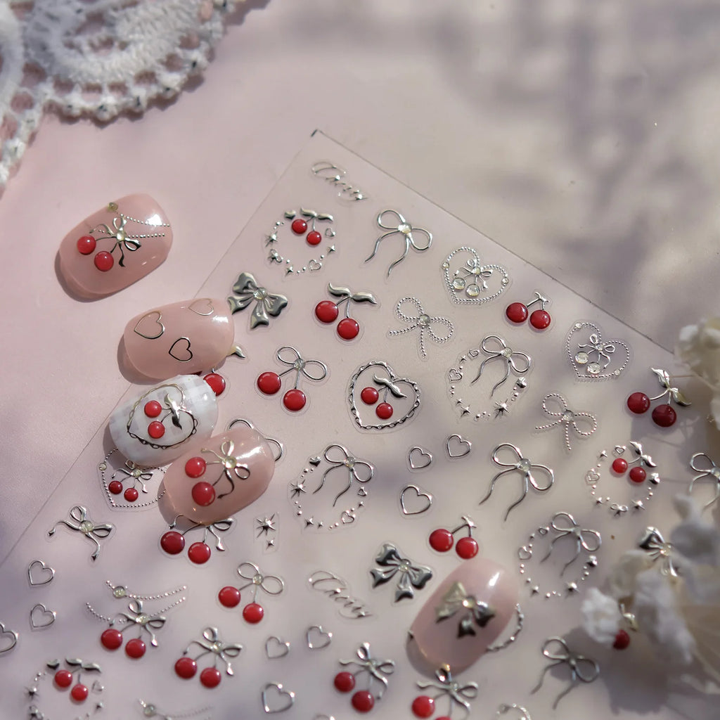 Sweet Strawberry Bow Nail Art Stickers 5D Gold Silver Strawberry Cherry Metal Nail Stickers DIY Japanese Nails Decoration Decals