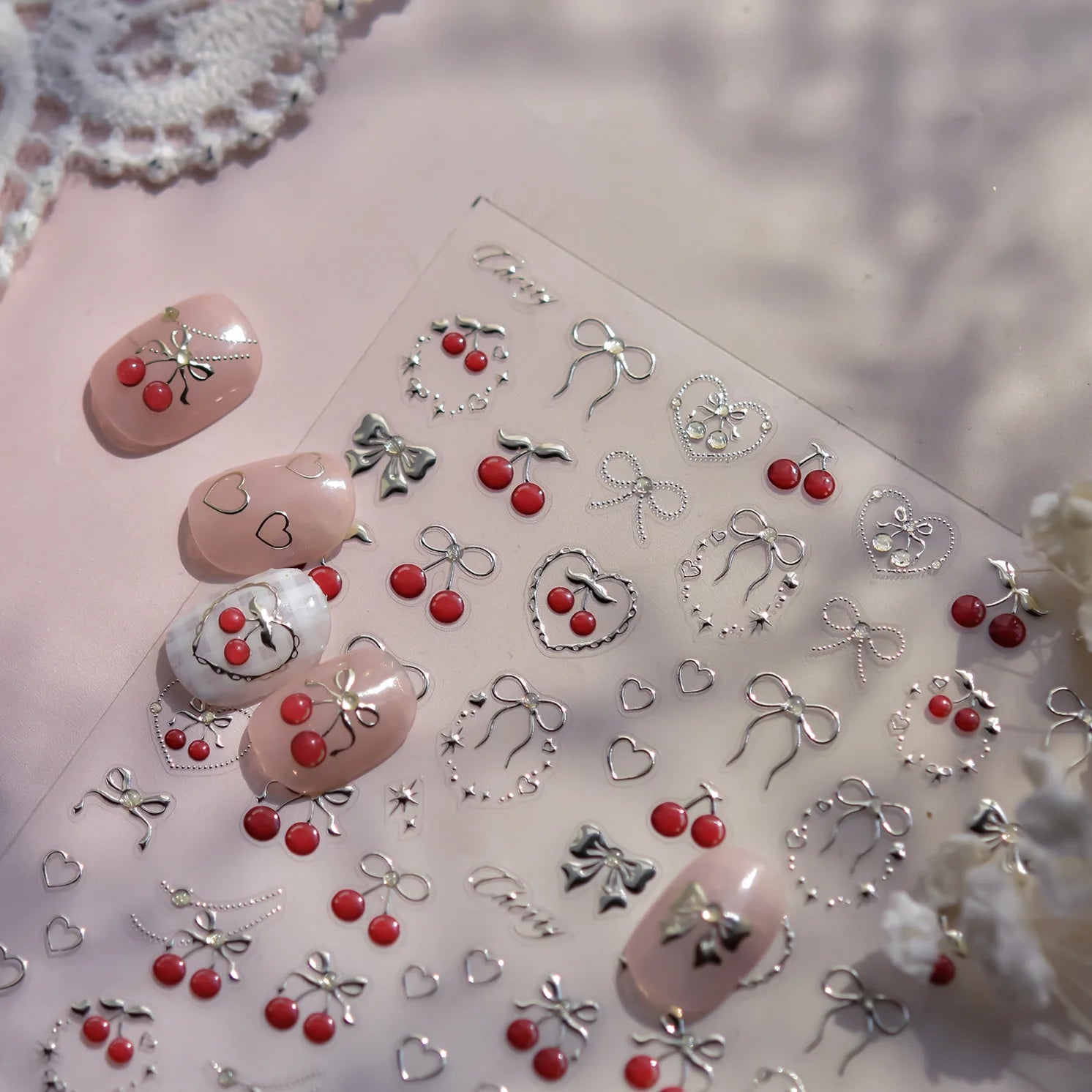 Sweet Strawberry Bow Nail Art Stickers 5D Gold Silver Strawberry Cherry Metal Nail Stickers DIY Japanese Nails Decoration Decals