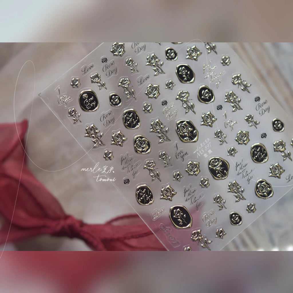Retro Rose Flowers Nail Art Stickers Luxury Gilt-gold Metal Nail Stickers Back Adhesice Seal Rose Nails Decorations Decals DIY