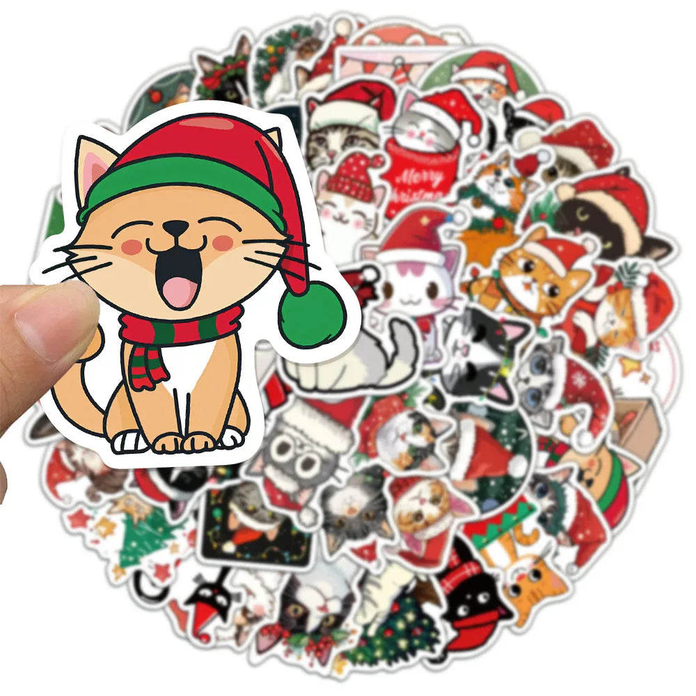 50PCS Cute Christmas Cartoon Cat Fun Stickers DIY Manual Scrapbook Fixed Phone Laptop Stickers Toy
