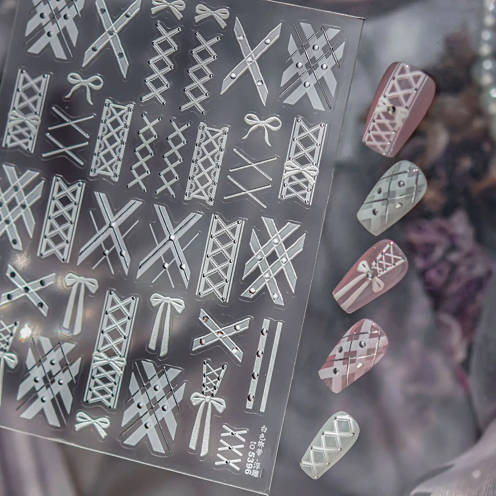 Relief Nail Stickers Elegant White Tie Bowkont Line Design Nails Decorations Stickers DIY Back Blue Manicure Accessories Decals