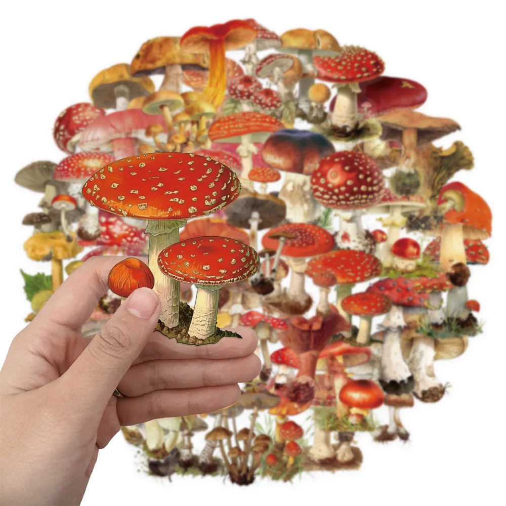 50PCS Retro Mushroom Decorative Cartoon Stickers Fun Stickers DIY Manual Scrapbook Fixed Phone Laptop Stickers Toy