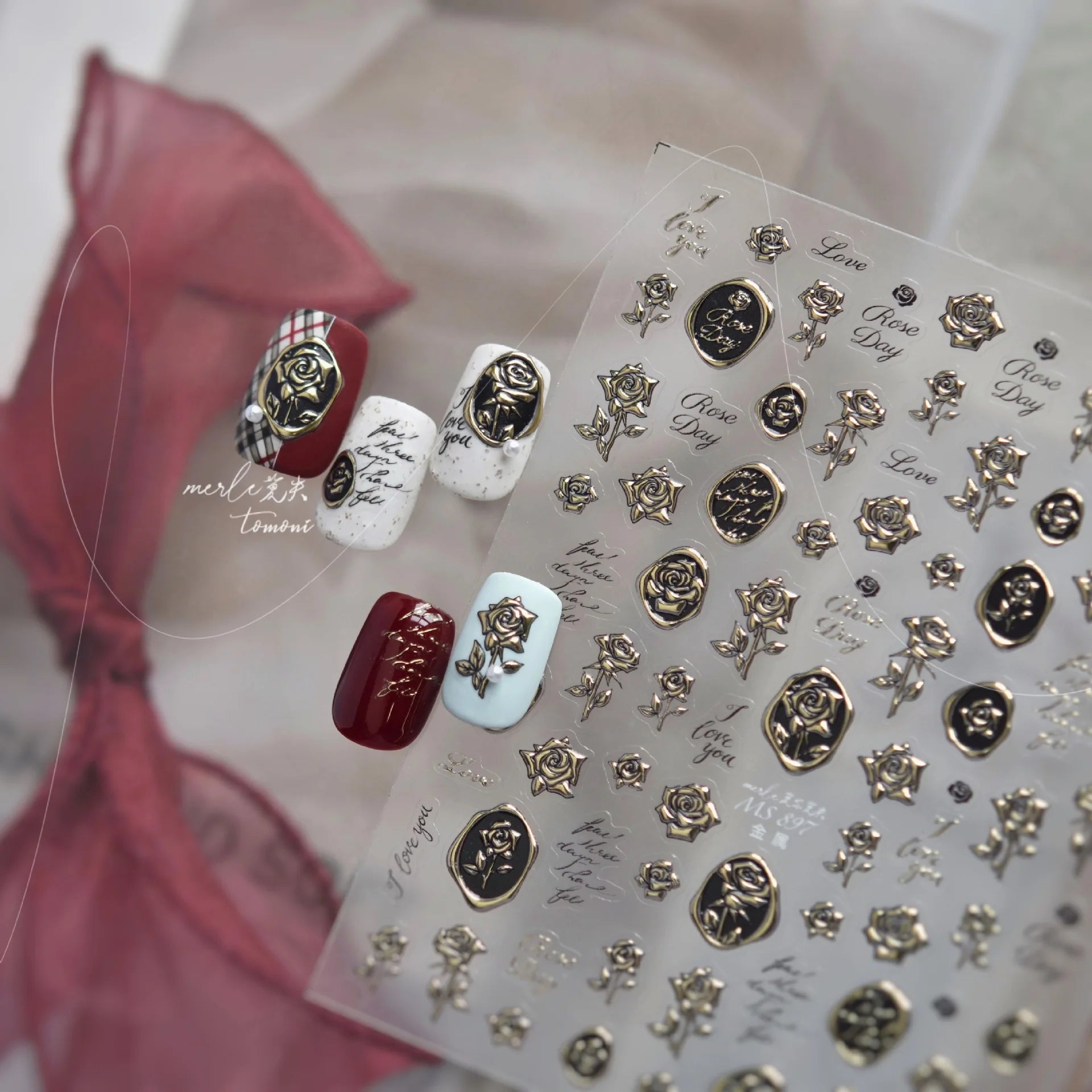 Retro Rose Flowers Nail Art Stickers Luxury Gilt-gold Metal Nail Stickers Back Adhesice Seal Rose Nails Decorations Decals DIY