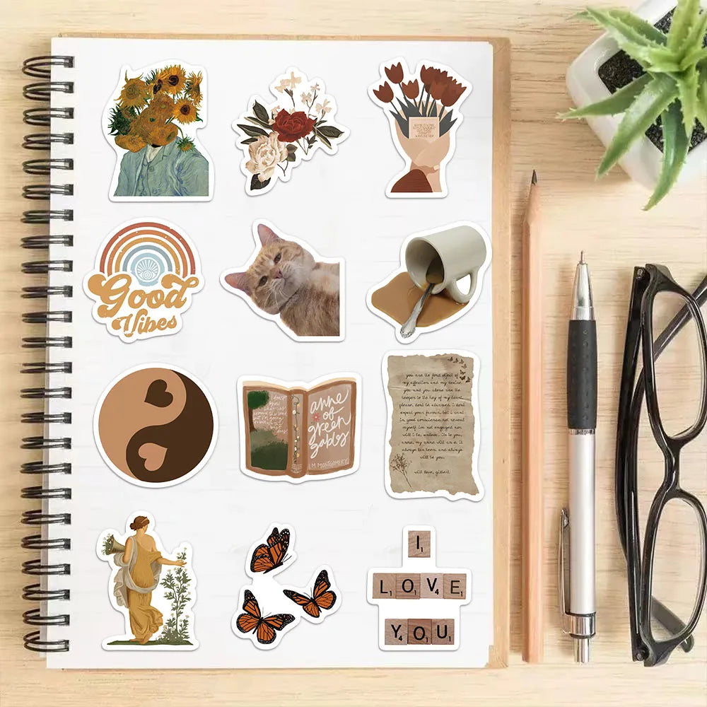 50PCS Brown Aesthetic Decorative Cartoon Stickers Fun Stickers DIY Manual Scrapbook Fixed Phone Laptop Stickers Toy