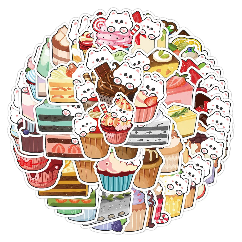 50-Pack Cute Cat Cake Cartoon Stickers Notebook Journal Water Cup Stationery Decoration Sticker
