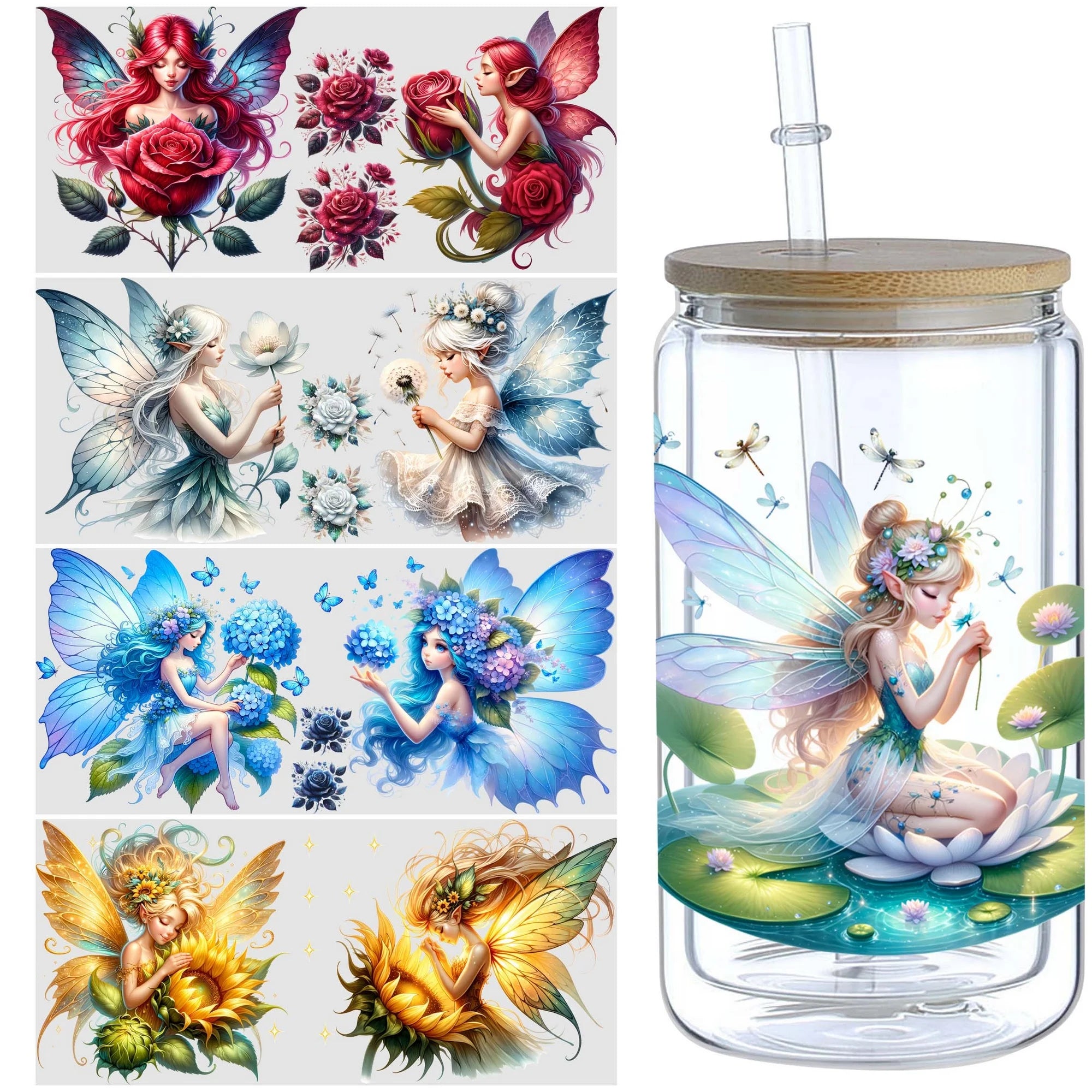5 sheets fairy UV DTF cup packaging suitable for 16 oz glass, waterproof UV DTF stickers suitable for 16 oz glass