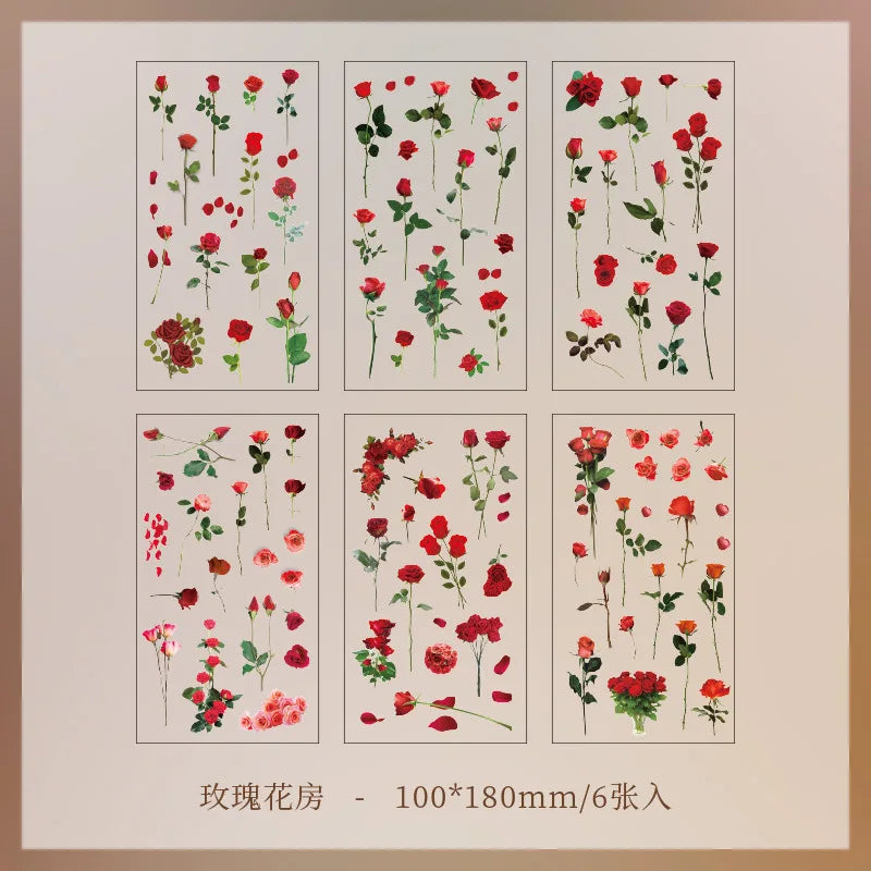 6pcs/pack Transparent PET Stickers Scrapbooking Materials DIY Junk Journal Collage Floral Leaves Plants Decor Stickers