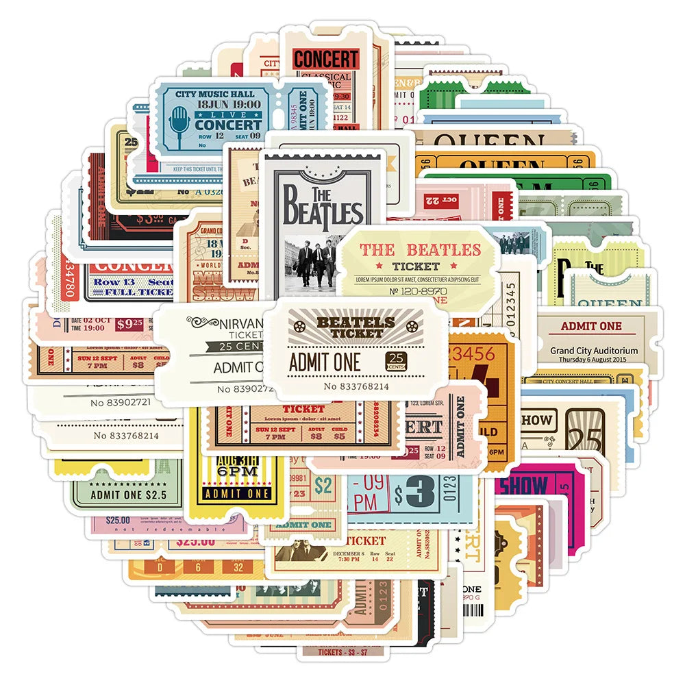 60-Pack Vintage Band Ticket Stickers for Phone Notebook Tablet Helmet Stationery Box Decorative Decals
