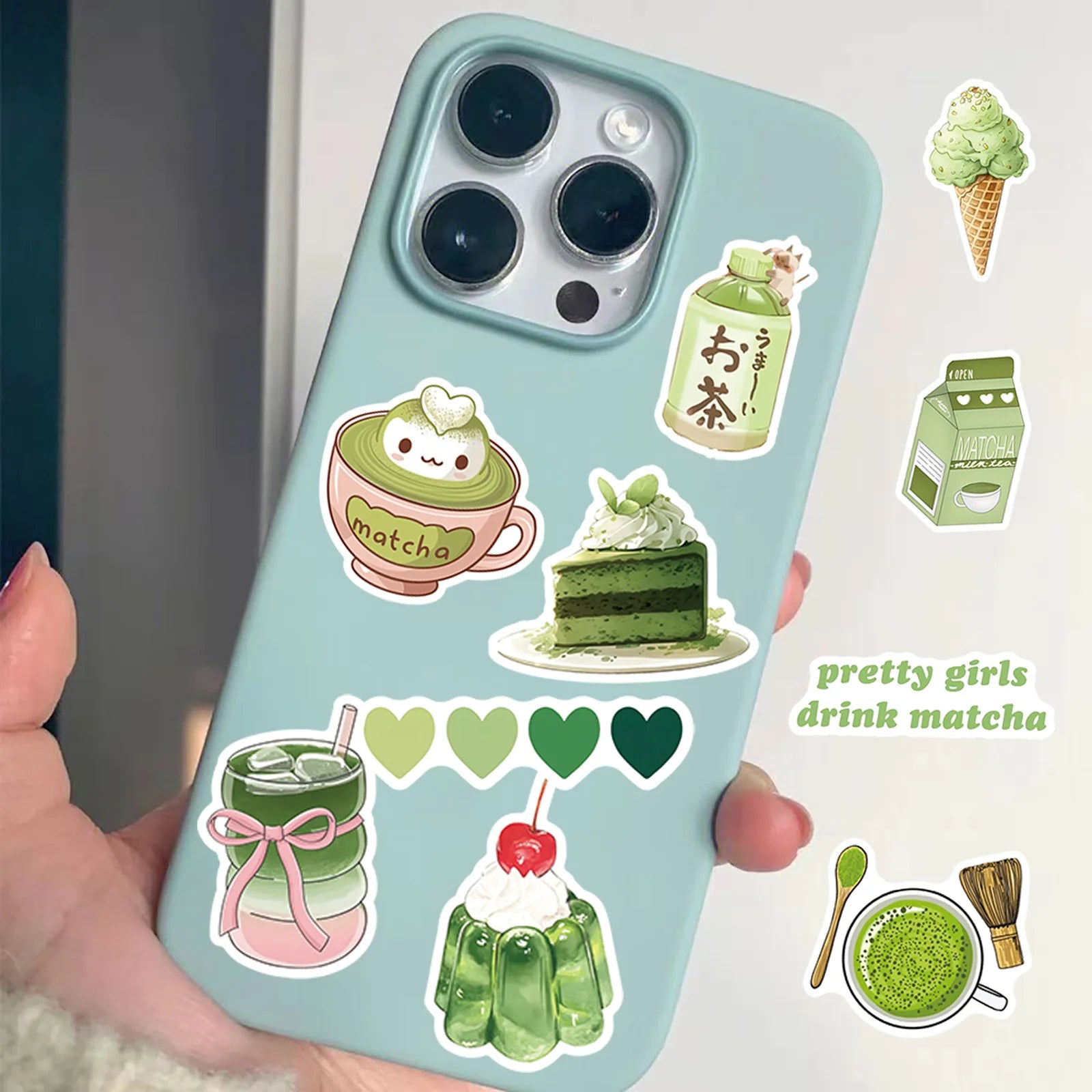 50/100Pcs Green Coffee Cake Fresh Style Stickers DIY for Notebook Skate Phone Helmet Album Fridge Removable Fade Resistant Decal