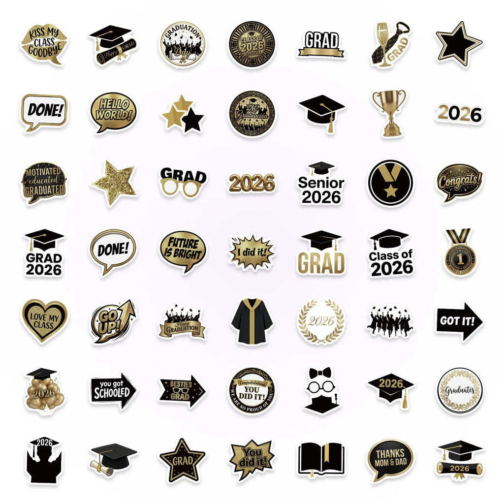 50/100 Pcs 2026 Graduation Party Theme Stickers for Atmosphere DIY Stationery Box Pen Holder Laptop Phone Desk Fade Resistant