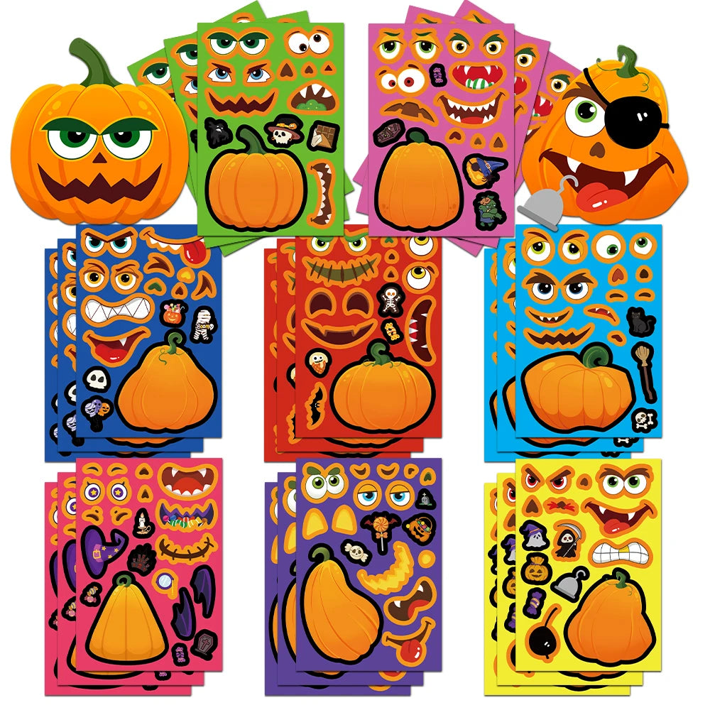 8PCS Halloween Fun and Funny Pumpkin Head Creative Collage DIY Manual for Phone Cases, Tablets, Water Cups, Decorative Stickers