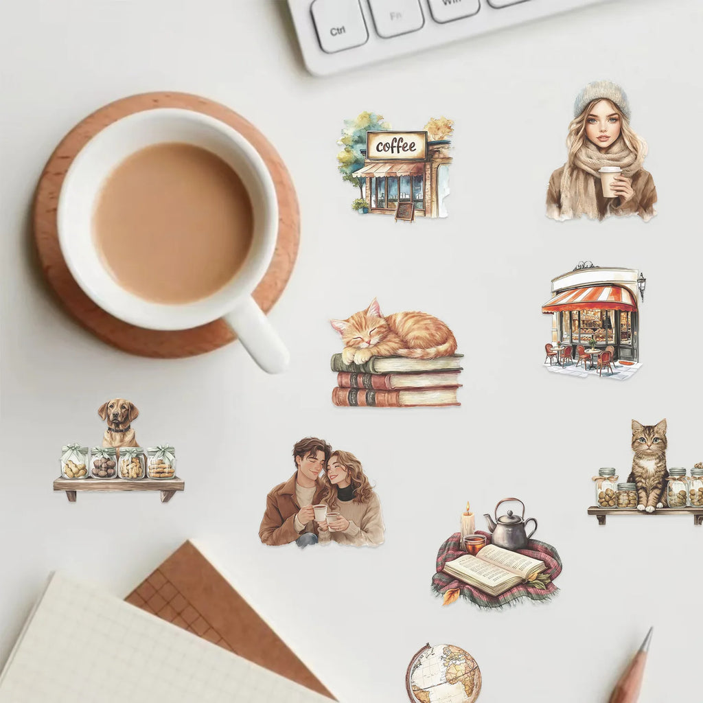 50/100PCS Transparent PET Retro Coffee Sticker Pack Waterproof Decorative Guitar Notebook Stickers