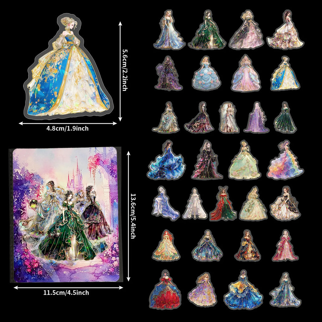 30 Pcs Evening Dress Dress Up PET Stickers Retro Girl Laser Laser Hot Stamping Decorative Water CupStickers