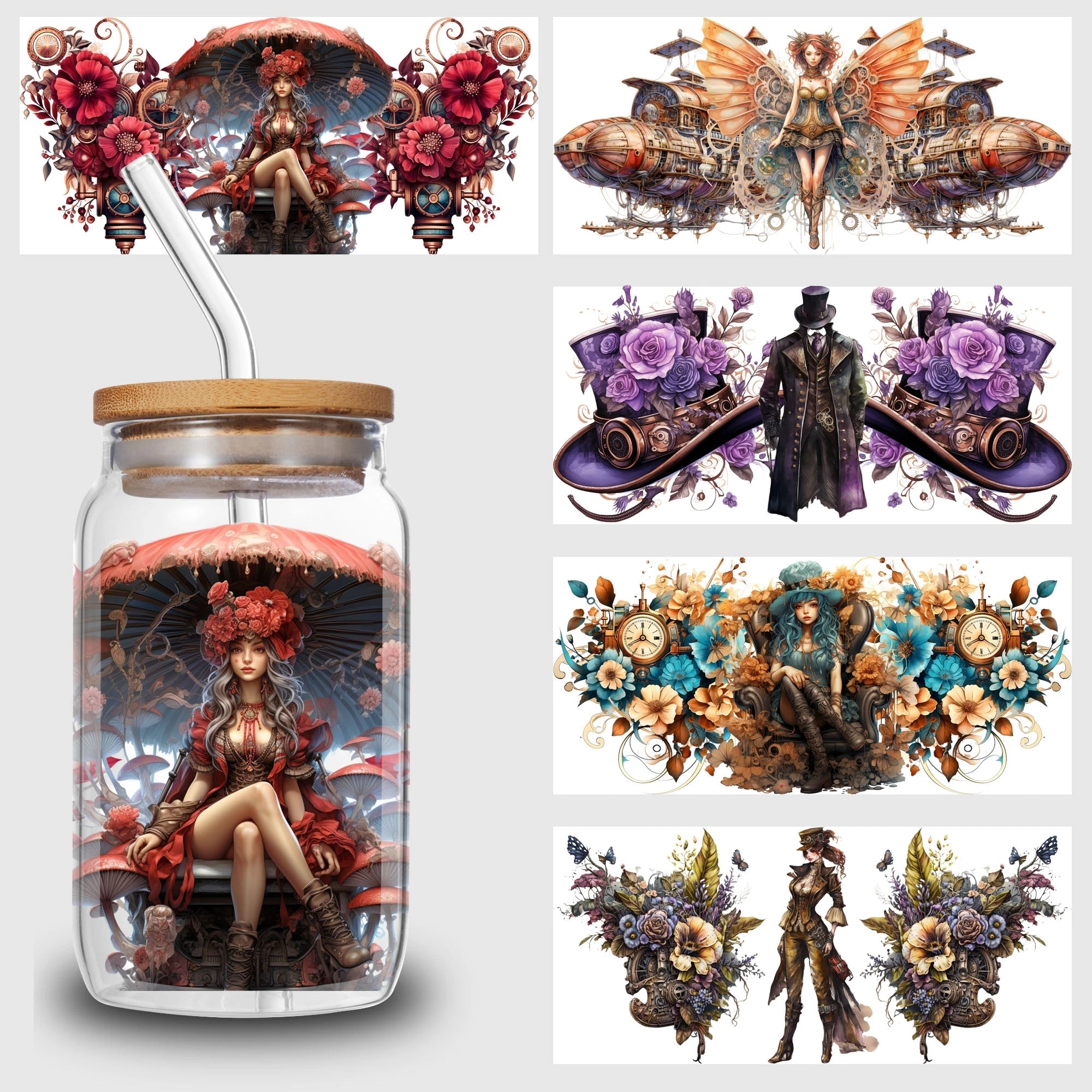 q5 sheets Steampunk UV DTF Cup Stickers, DTF Friction Transfer Stickers, Waterproof Cartoon Transfer Stickers for 16oz Glass Cup