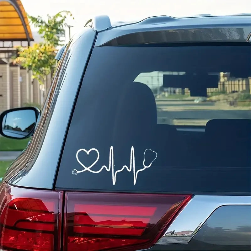8-inch Engraved Cutout White Reflective Decal With Large Stethoscope Heart Vinyl Decal For Car Bumpers, Trucks, Vans, Laptops Or