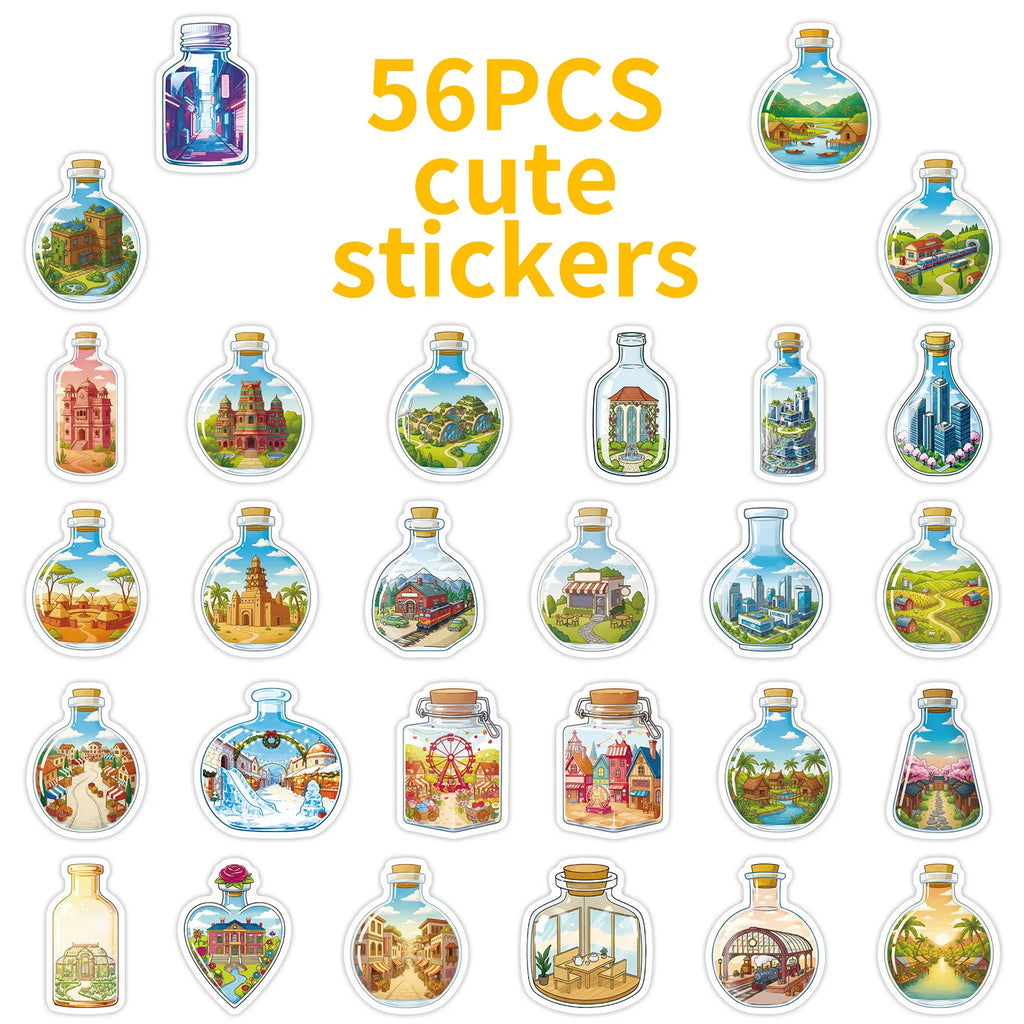 56/112PCS Bottle World Glass Cartoon Stickers Miniature Landscape Building Dreamy Healing Waterproof Stationery Reward Stickers