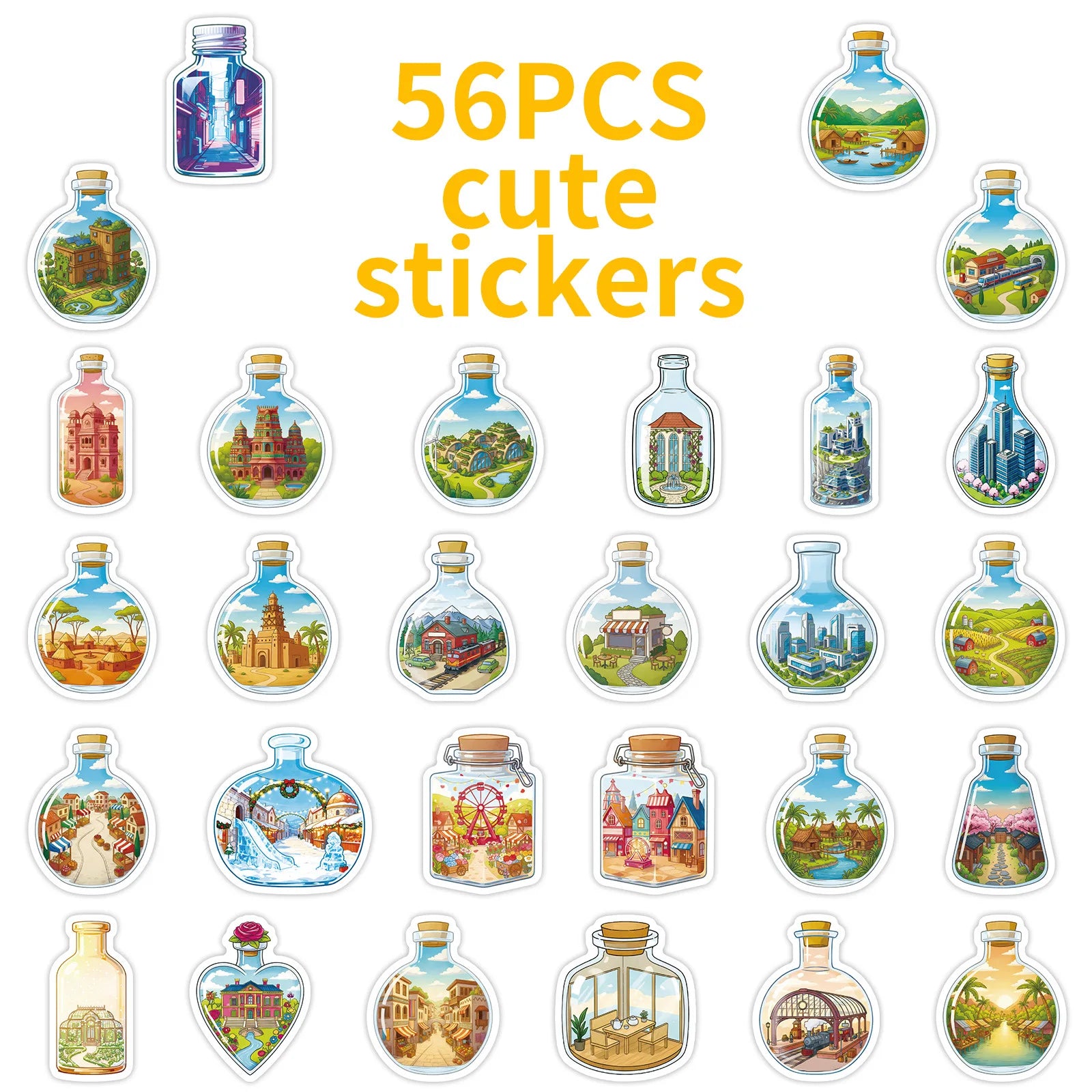 56/112PCS Bottle World Glass Cartoon Stickers Miniature Landscape Building Dreamy Healing Waterproof Stationery Reward Stickers