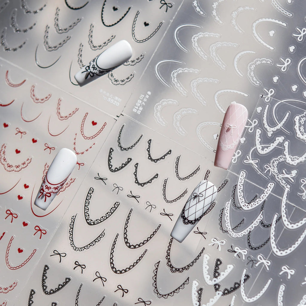 Lace French Nail Art Stickers 3D Thin and Tough Ballet-style Nail Decorations Stickers Colors French Bow Love Adhesive Decals