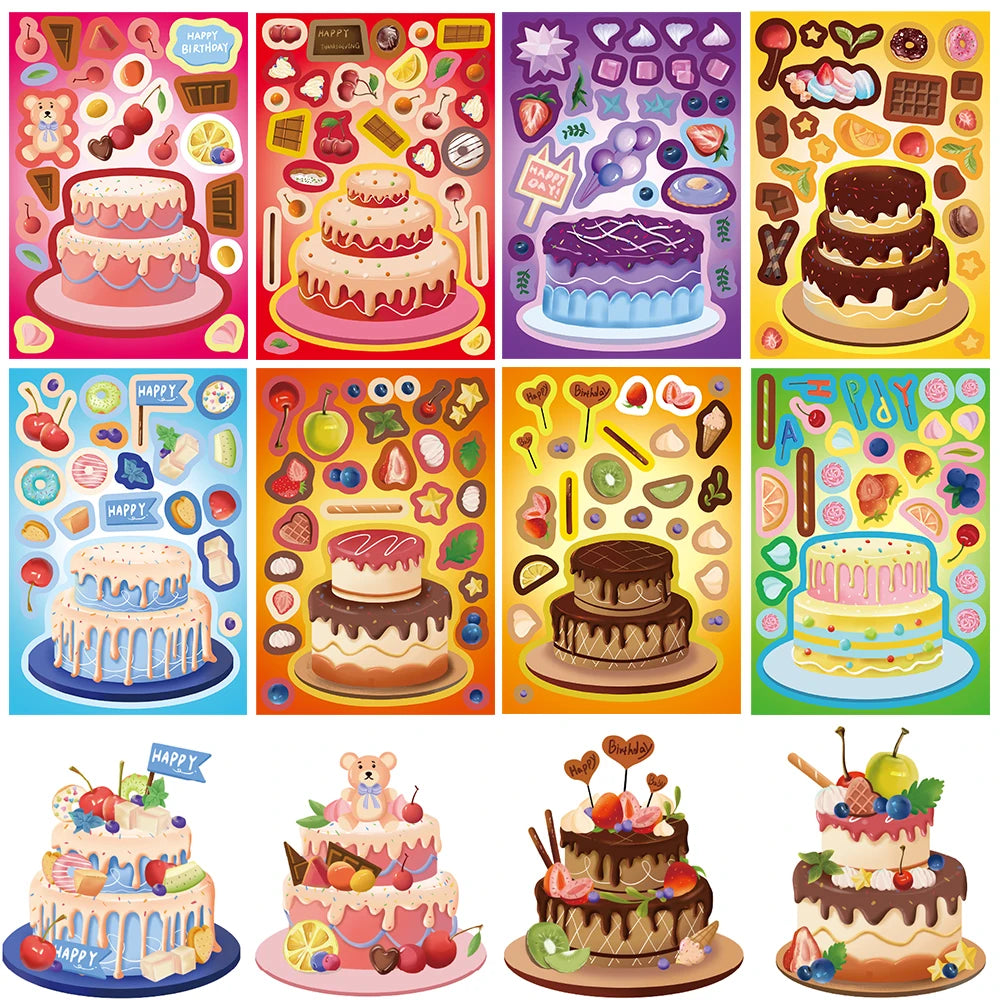 8PCS Cute Cake Collage Sticker Retro Laptop Assembly Puzzle DIY Cartoon Coffee Luggage Stationery Harajuku Puzzle Stickers ﻿