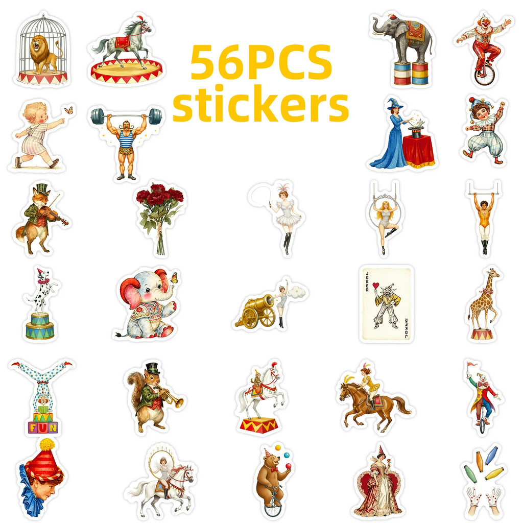 56PCS Circus Clown Animal Vintage Cartoon Stickers, Notebook Phone Suitcase Kids Stationery Creative Waterproof Stickers