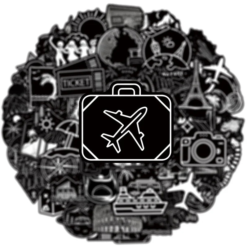 10/30/50PCS Black White Travel PVC Sticky Sticker Aesthetic DIY Children's Decoration Scrapbooking School Supplies