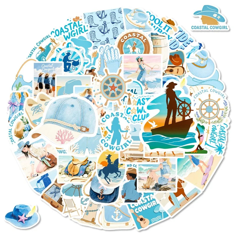 10/30/56PCS Kawaii Blue Seaside Life PVC Sticky Stickers Aesthetic DIY Colored Phone Laptop Luggage Skateboard Graffiti Decals