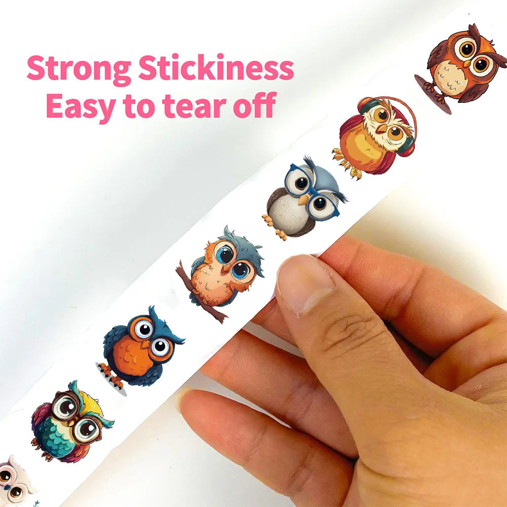 500Pcs/roll Kawaii Cartoon Owl Sticker Creativity Notebook Aesthetic Cute Bird Luggage Motorcycle Notebook Laptop Stickers