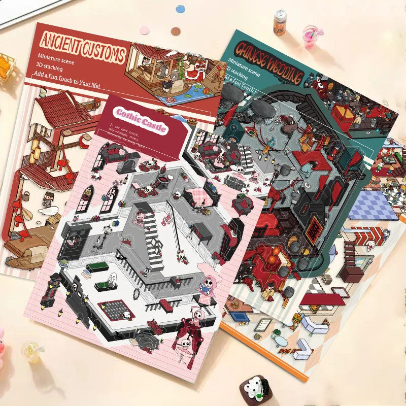 Cartoon Scenery Gothic Castle Stickers Miniature World 3D House Decompression DIY Scene Stationery Children Stickers