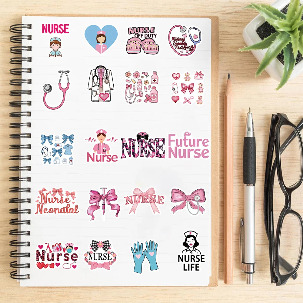 50PCS Pink Bow Nurse Sticker Waterproof Art PVC Gift Phone Cafe Refrigerator Graffiti Living Room Skateboard Decorative